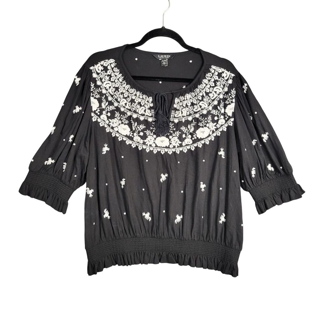 LAUREN RALPH LAUREN Black White Embroidered Boho Smocked Peasant Top SIZE XL
